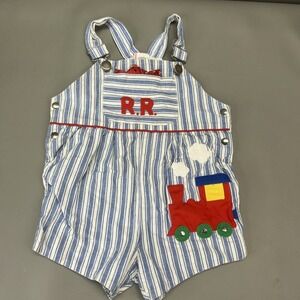 Togs R.R. Striped Overalls Train Embroidered Conductor 100% Cotton 2 T Vintage